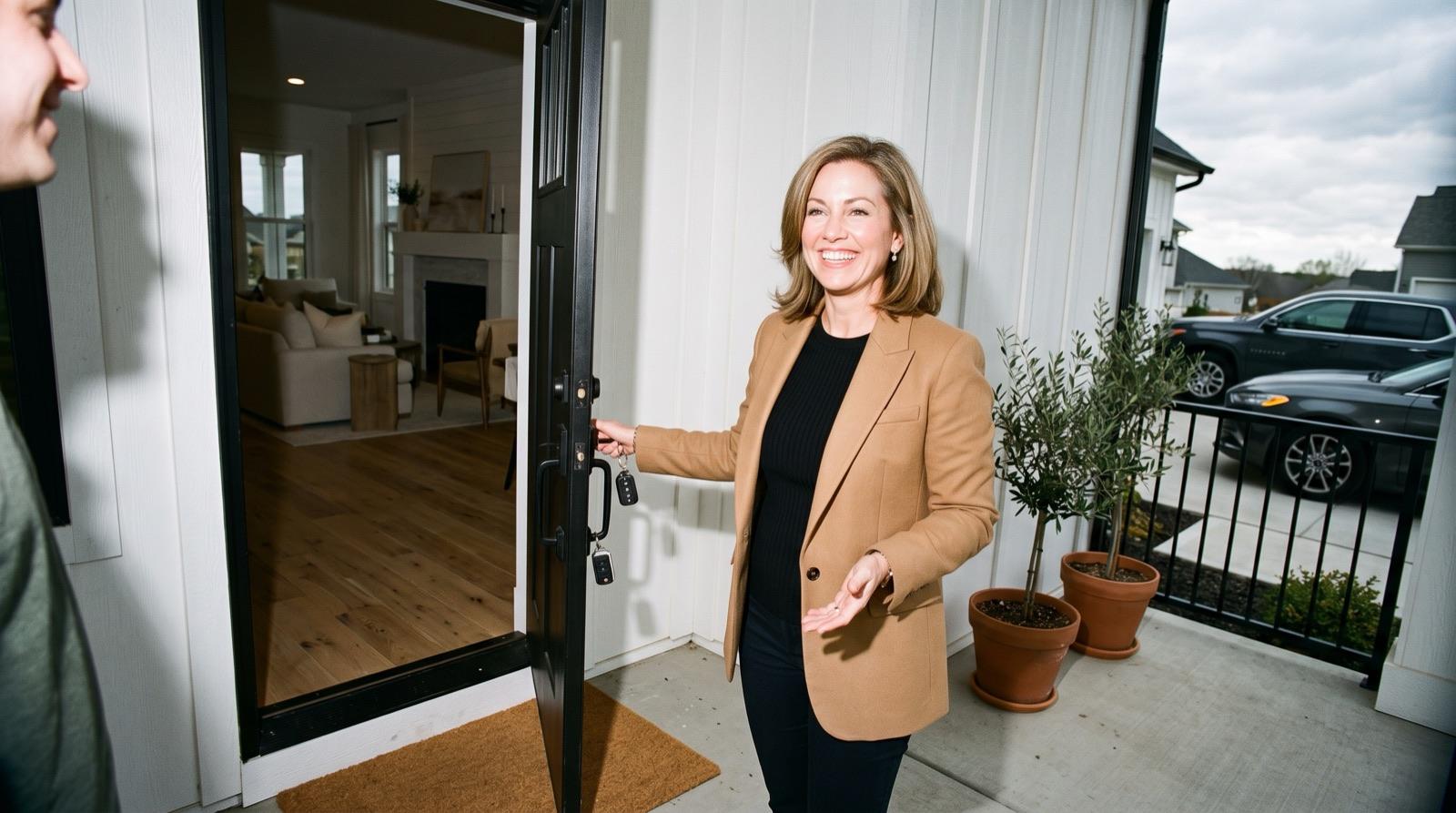 Diane smiling in the doorway of a home, welcoming clients inside