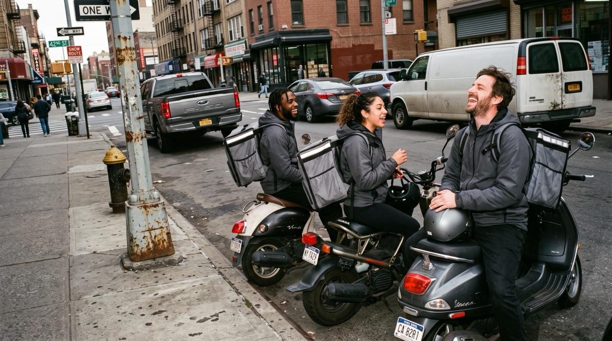 Three couriers laughing together on their scooters at a city intersection between drops