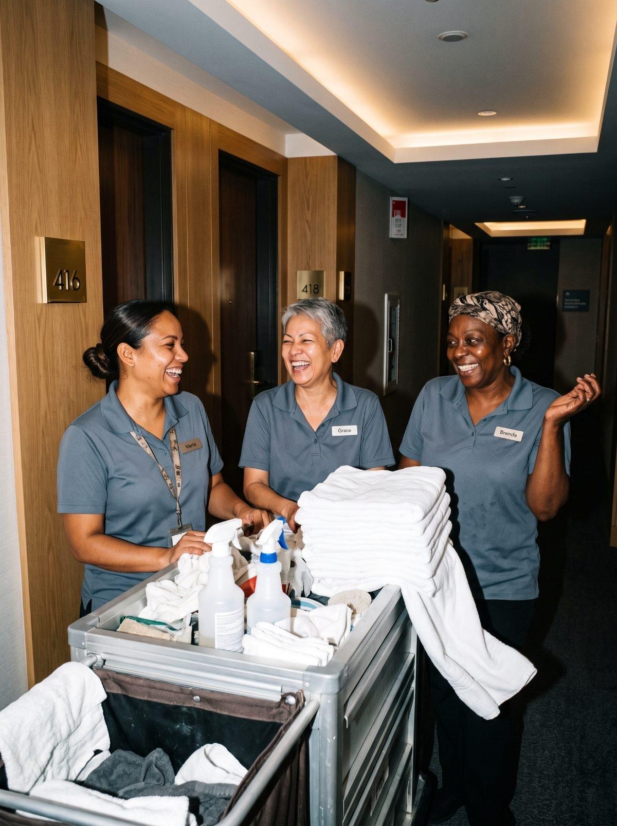 Three hotel housekeepers laughing together in a corridor beside their linen cart