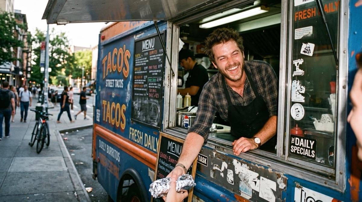 An independent professional laughing as he hands an order out of his food truck window
