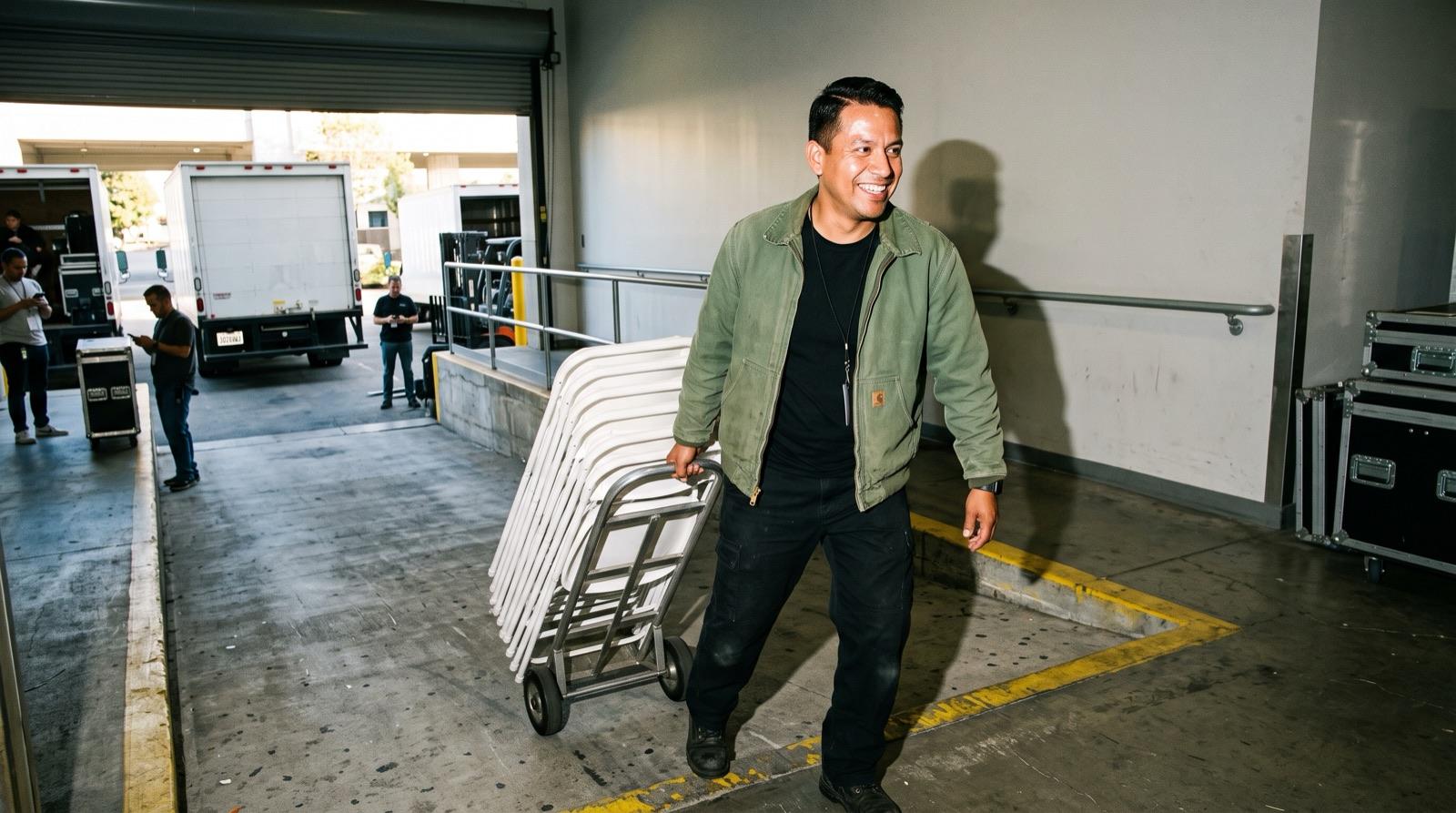 Marco at a loading dock, wheeling a stack of chairs on a hand truck