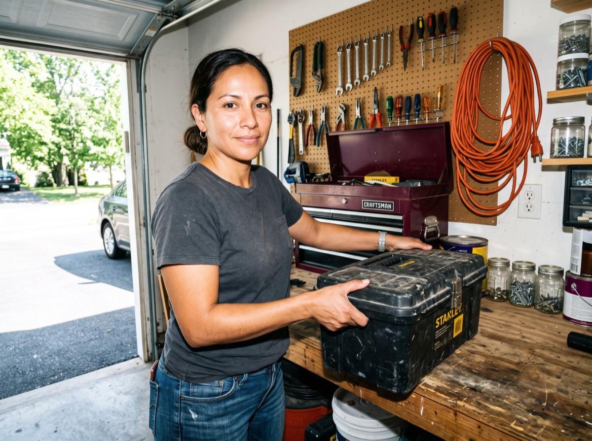 Marisol in her garage workshop, setting a job box down on the bench