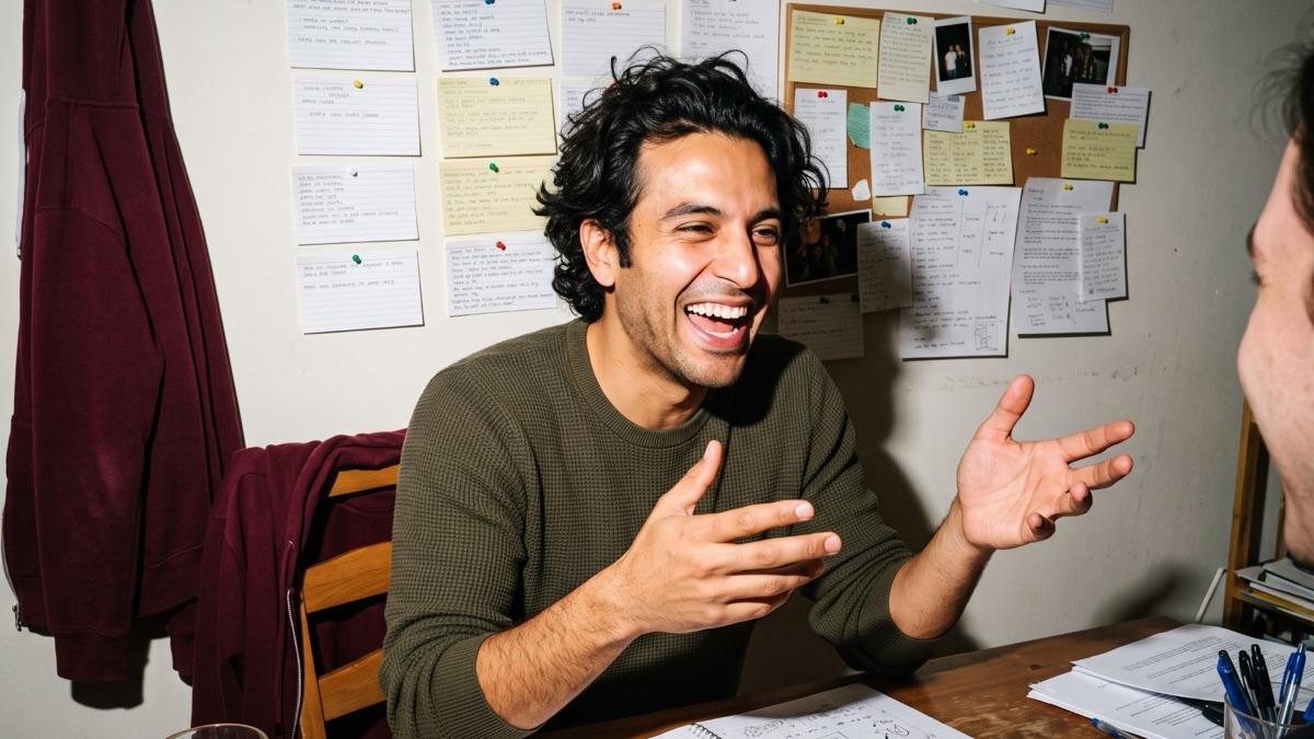 Michael laughing at his desk mid conversation, index cards pinned to the wall behind him