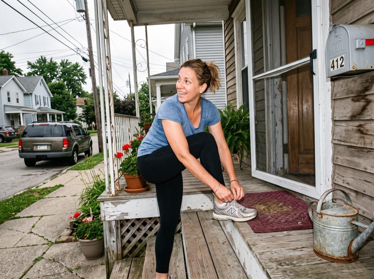 Gina laughing on her porch steps as she tightens a running shoe
