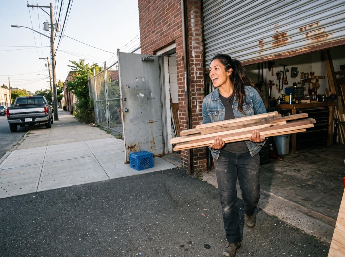 A woman laughing as she carries timber out of her workshop into the alley