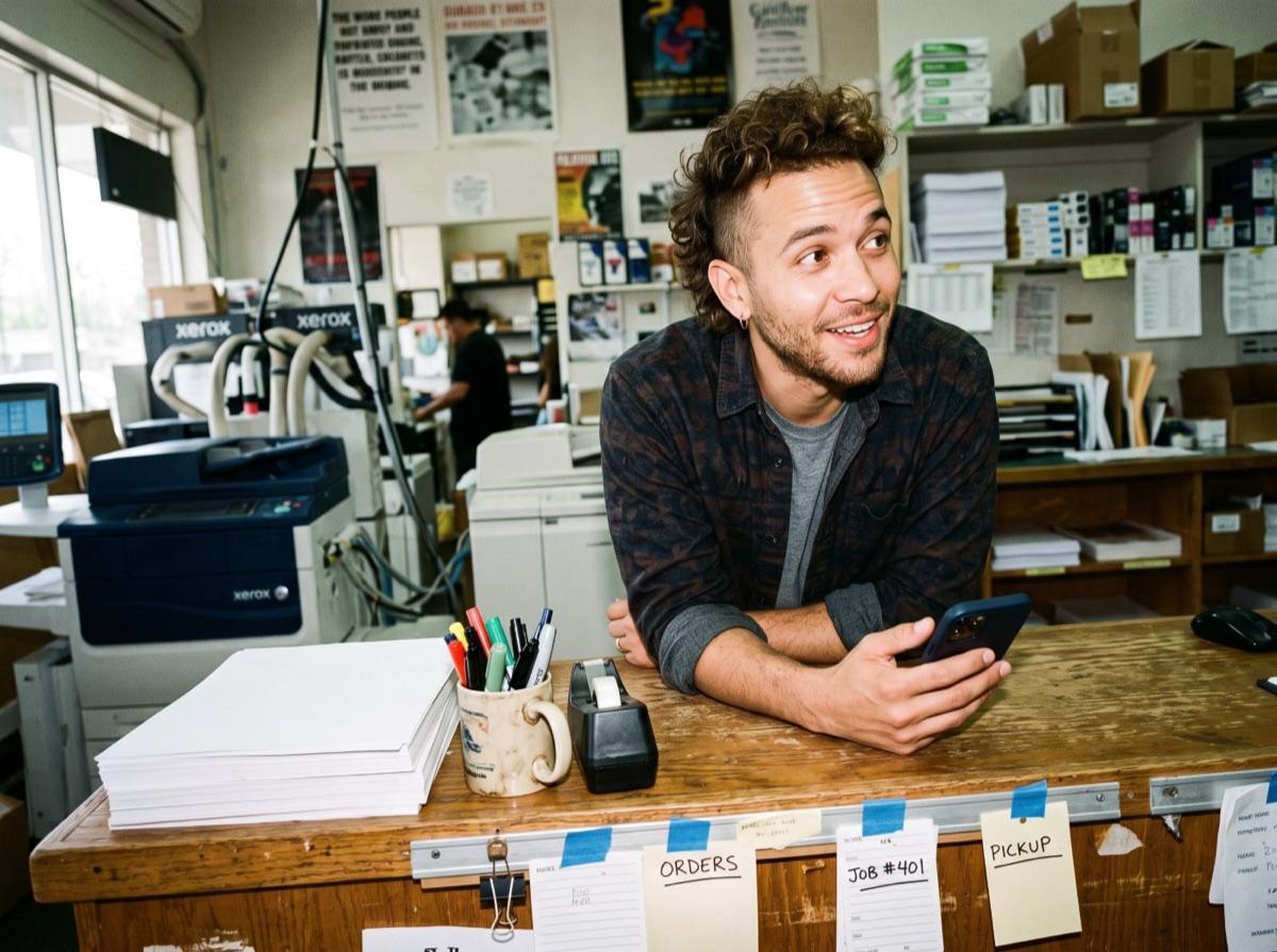 A print shop owner leaning on his counter, phone in hand, mid-conversation