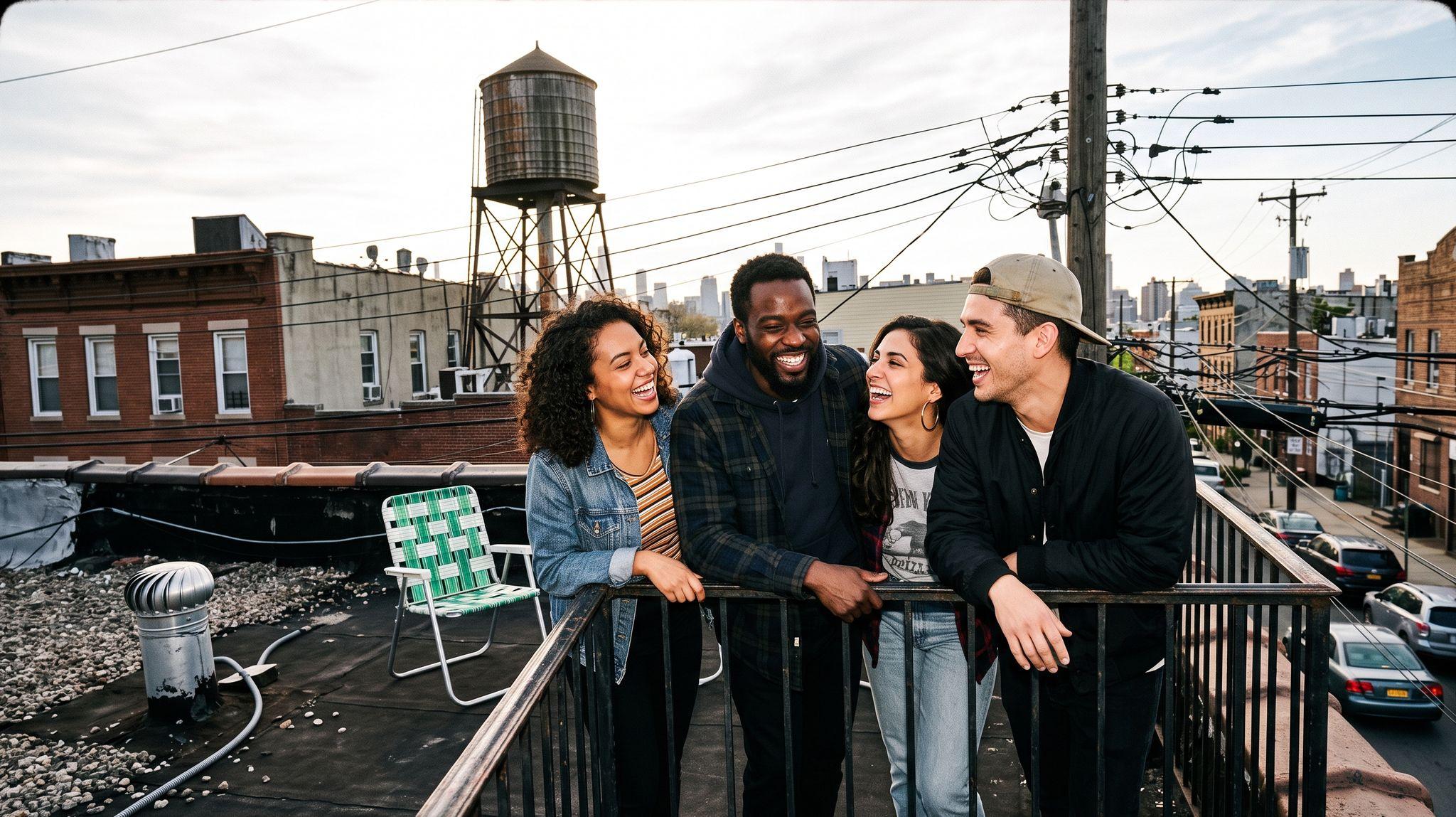 Four friends laughing together at a rooftop railing above a city street