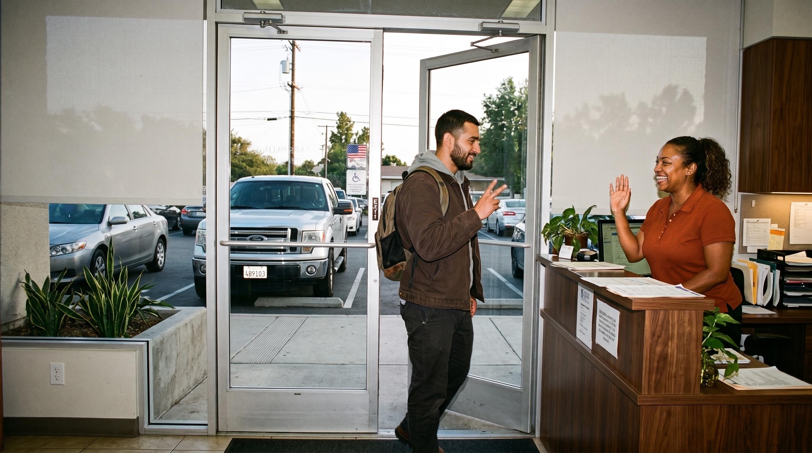 A patient checking in at a clinic front desk