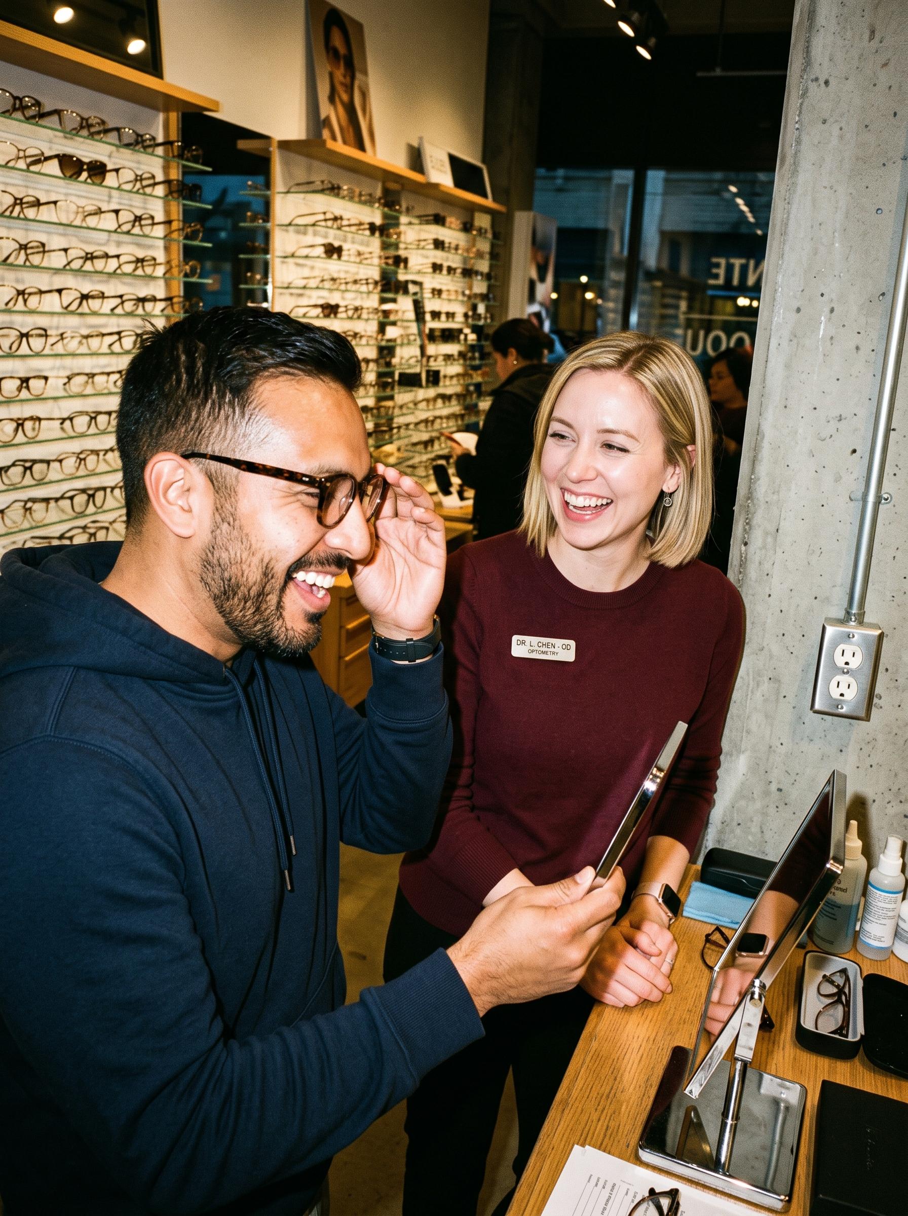 Two Smirk members choosing glasses at an optician